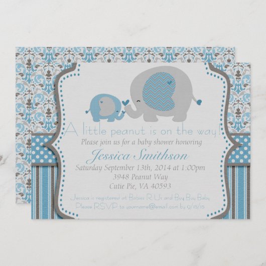 青と灰色の象の赤ちゃんシャワー招待状 招待状 (正面/裏面)