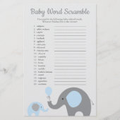 青と灰色の象の赤ちゃんシャワー語スクランブル チラシ (正面)