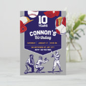 青と灰色の野球の誕生日パーティー 招待状 (スタンド正面)