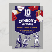 青と灰色の野球の誕生日パーティー 招待状 (正面/裏面)