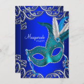 青と王室のティール（緑がかった色）の青のマスカレードパーティー 招待状 (正面/裏面)