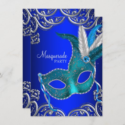 青と王室のティール(緑がかった色)の青のマスカレードパーティー 招待状 (正面/裏面)