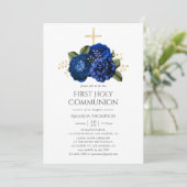 青と王室の金ゴールドのフローラ第1聖餐式 招待状 (スタンド正面)