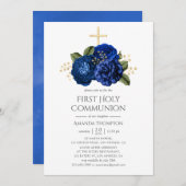 青と王室の金ゴールドのフローラ第1聖餐式 招待状 (正面/裏面)