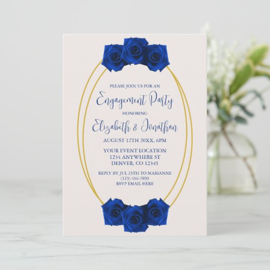 青と王室の金ゴールドの幾何学的婚約パーティ 招待状 (スタンド正面)