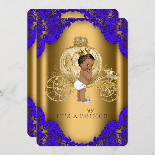 青と王室の金ゴールドの王子の赤ちゃんシャワー 招待状 (正面/裏面)