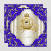 青と王室の金ゴールドキャリッジ王子ベビーシャワー 招待状 (正面/裏面)