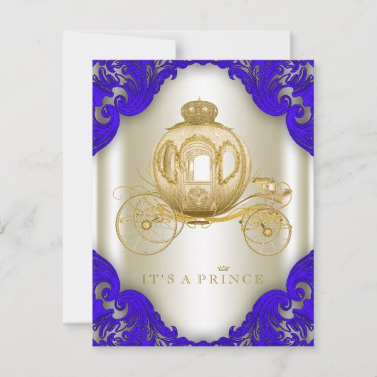 青と王室の金ゴールドキャリッジ王子ベビーシャワー 招待状 (正面)