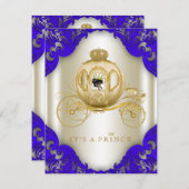 青と王室の金ゴールドキャリッジ王子ベビーシャワー 招待状 (正面/裏面)
