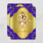 青と王室の金ゴールドキャリッジ王子ベビーシャワー 招待状 (正面/裏面)