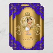 青と王室の金ゴールドキャリッジ王子ベビーシャワー 招待状 (正面/裏面)