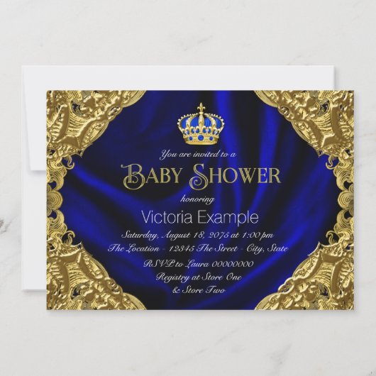 青と王室の金ゴールドクラウン赤ちゃんシャワー 招待状 (裏面)