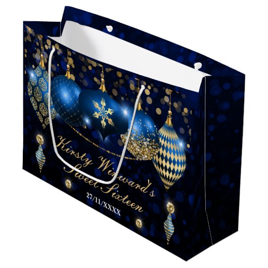 青と王室の金ゴールドクリスマスボードビーズスウィート16 ラージペーパーバッグ (正面アングル)