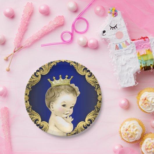 青と王室の金ゴールドプリンスベビーシャワー ペーパープレート (パーティー)