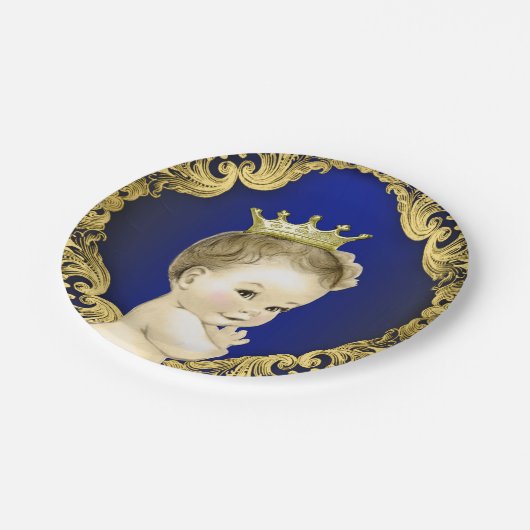 青と王室の金ゴールドプリンスベビーシャワー ペーパープレート (アングル)