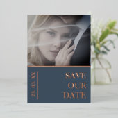 青と王室の金ゴールド写真の結婚式の日付を保存 箔シーズンカード (立ち正面)