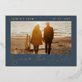 青と王室の金ゴールド写真の結婚式の日付を保存 箔招待状 (正面)