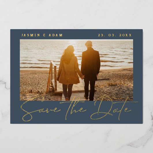 青と王室の金ゴールド写真の結婚式の日付を保存 箔招待状 (正面)