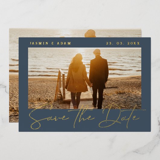 青と王室の金ゴールド写真の結婚式の日付を保存 箔招待状 (正面/裏面)