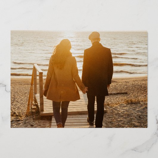 青と王室の金ゴールド写真の結婚式の日付を保存 箔招待状 (裏面)