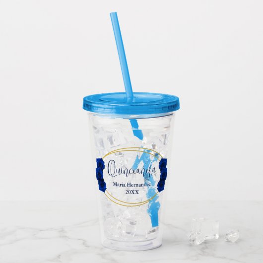 青と王室の金ゴールド幾何学模様キンセニェラ アクリルタンブラー (アイス正面)