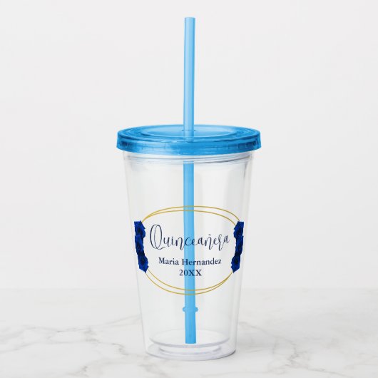 青と王室の金ゴールド幾何学模様キンセニェラ アクリルタンブラー (正面)