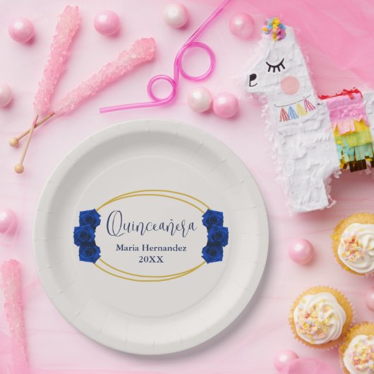 青と王室の金ゴールド幾何学模様キンセニェラ ペーパープレート (パーティー)