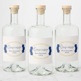 青と王室の金ゴールド幾何学模様キンセニェラ リキュールボトルラベル