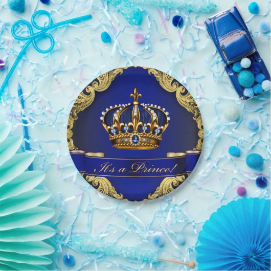 青と王室の金ゴールド皇太子の赤ちゃんシャワー ペーパープレート (パーティー)