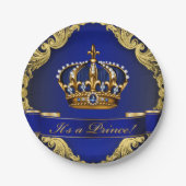 青と王室の金ゴールド皇太子の赤ちゃんシャワー ペーパープレート (正面)
