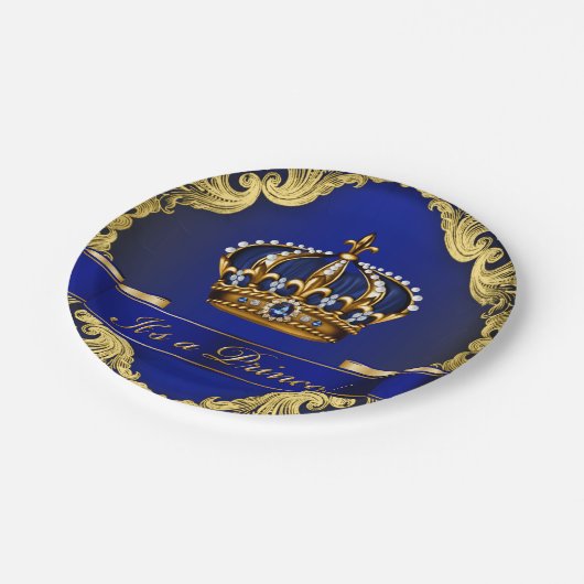 青と王室の金ゴールド皇太子の赤ちゃんシャワー ペーパープレート (アングル)