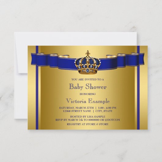 青と王室の金ゴールド皇太子の赤ちゃんシャワー 招待状 (裏面)