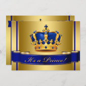 青と王室の金ゴールド皇太子の赤ちゃんシャワー 招待状 (正面/裏面)