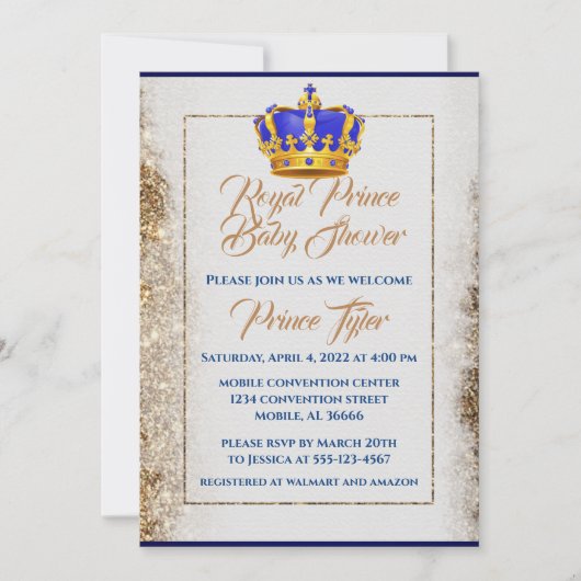 青と王室の金ゴールド皇太子の赤ちゃんシャワー 招待状 (正面)