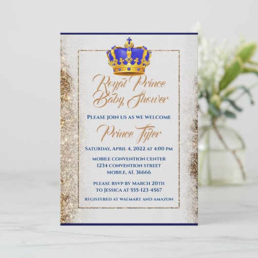 青と王室の金ゴールド皇太子の赤ちゃんシャワー 招待状 (スタンド正面)