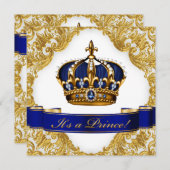 青と王室の金ゴールド皇太子の赤ちゃんシャワー 招待状 (正面/裏面)
