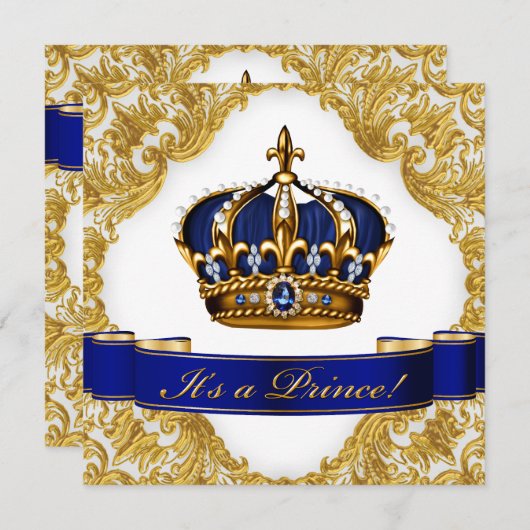 青と王室の金ゴールド皇太子の赤ちゃんシャワー 招待状 (正面/裏面)