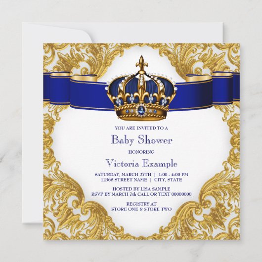 青と王室の金ゴールド皇太子の赤ちゃんシャワー 招待状 (裏面)