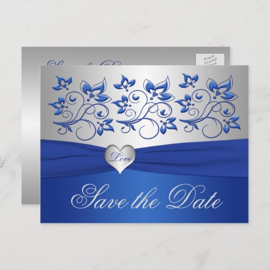 青と王室の銀のハート日付カードを保存 案内ポストカード (正面/裏面)