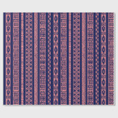 青と珊瑚赤の部族幾何学模様 ラッピングペーパー (フラット)