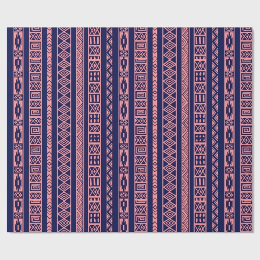 青と珊瑚赤の部族幾何学模様 ラッピングペーパー (フラット)