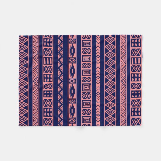 青と珊瑚赤色の部族の幾何学的パターン フリースブランケット (正面(横))