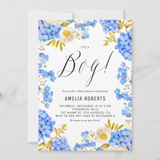 青と白あじさい男の子の赤ちゃんシャワー 招待状 (正面)