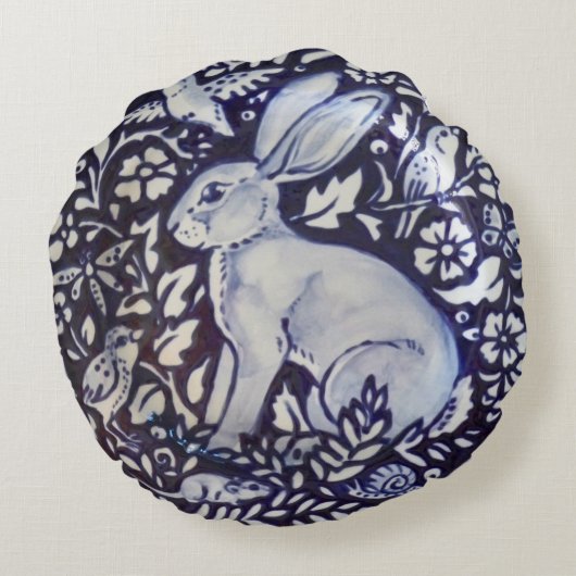 青と白うさぎウサギ鳥のネズミのカタツムリ枕 ラウンドクッション (裏面)