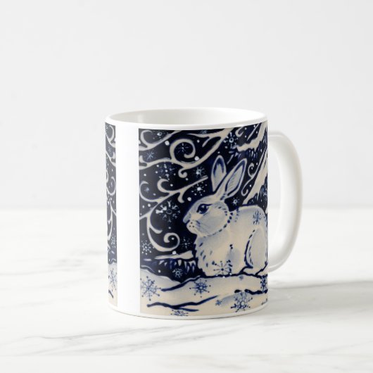 青と白うさぎタイル冬の森の雪 コーヒーマグカップ (正面右)