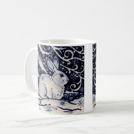 青と白うさぎタイル冬の森の雪 コーヒーマグカップ (正面左)