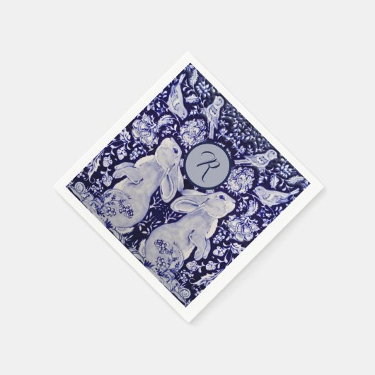 青と白うさぎバニーバードイニシャルイースター スタンダードカクテルナプキン (角)