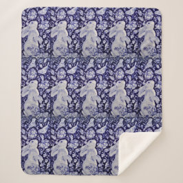 青と白うさぎバニーバードフローラChinoiserie シェルパブランケット