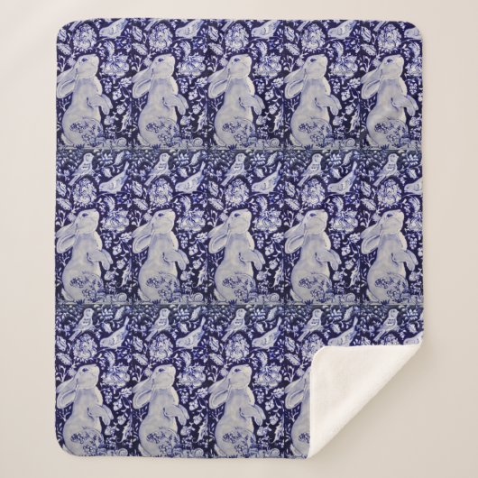 青と白うさぎバニーバードフローラChinoiserie シェルパブランケット (正面)