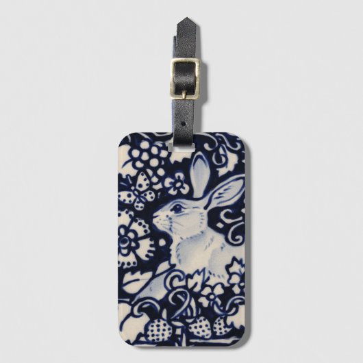 青と白うさぎバニーフローラウッドランド自然 ラゲッジタグ (正面縦)